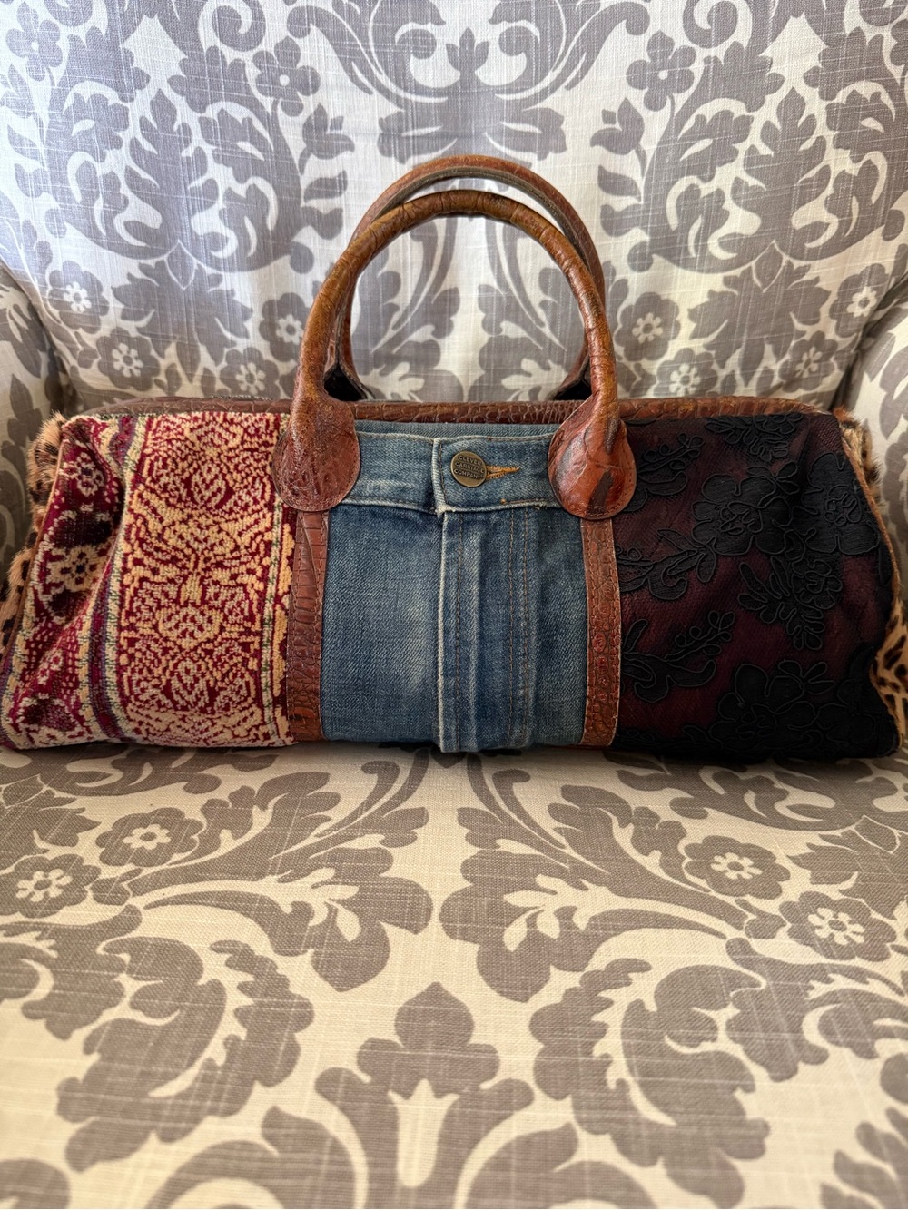 Clever Carriage Company Boho Denim & Croc with Lace & carpet bag style Handbag